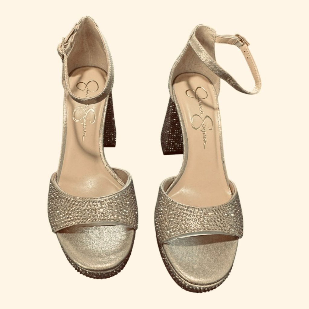 Nwt Jessica Simpson Gold Sparkling Embellished Chunky Heel Sandals Sizes: Multi